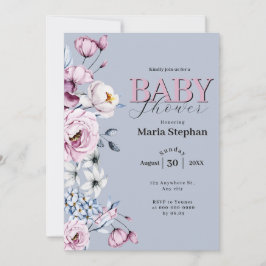 Convite Elegante Chá de fraldas Floral Cor de Água Cor Azu