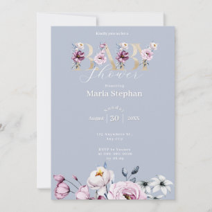 Convite Elegante Chá de fraldas Floral Cor de Água Cor Azu