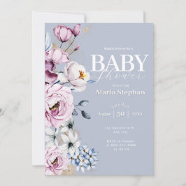 Convite Elegante Chá de fraldas Floral Cor de Água Cor Azu