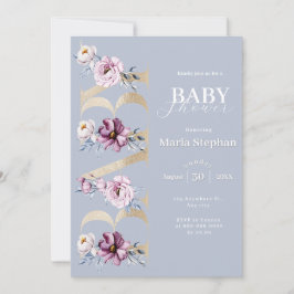 Convite Elegante Chá de fraldas Floral Cor de Água Cor Azu