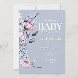 Convite Elegante Chá de fraldas Floral Cor de Água Cor Azu