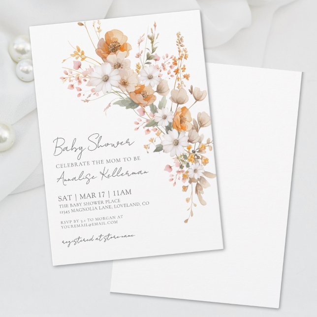 Convite Elegante Chá de fraldas Floral de Flor Selvagem (Elegant Wildflower Floral Baby Shower Invitation)