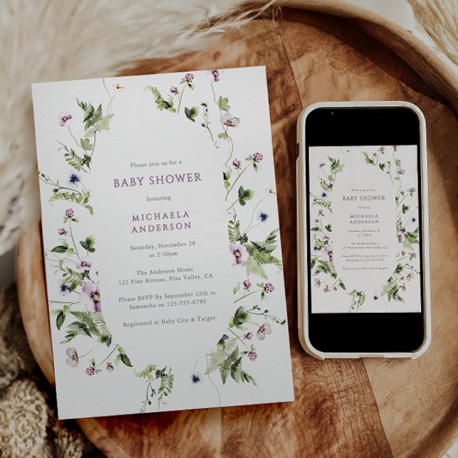 Convite Elegante Chá de fraldas Floral de Wreath de Aquare (Criador carregado)