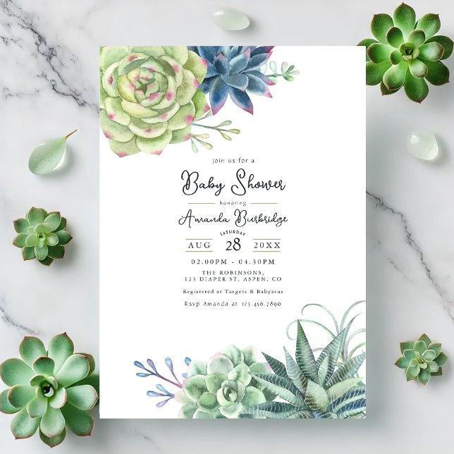 Convite Elegante - Chá de fraldas Suculente (Succulent Baby Shower Invitation)