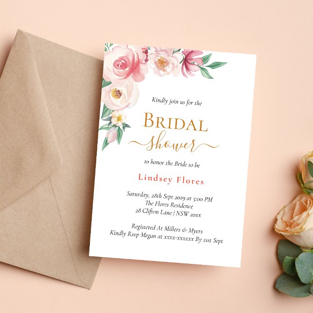 Convite Elegante Chá de Noiva Boho Floral Dourado (Elegant boho floral gold invitation adds chic, free-spirited charm to your shower)
