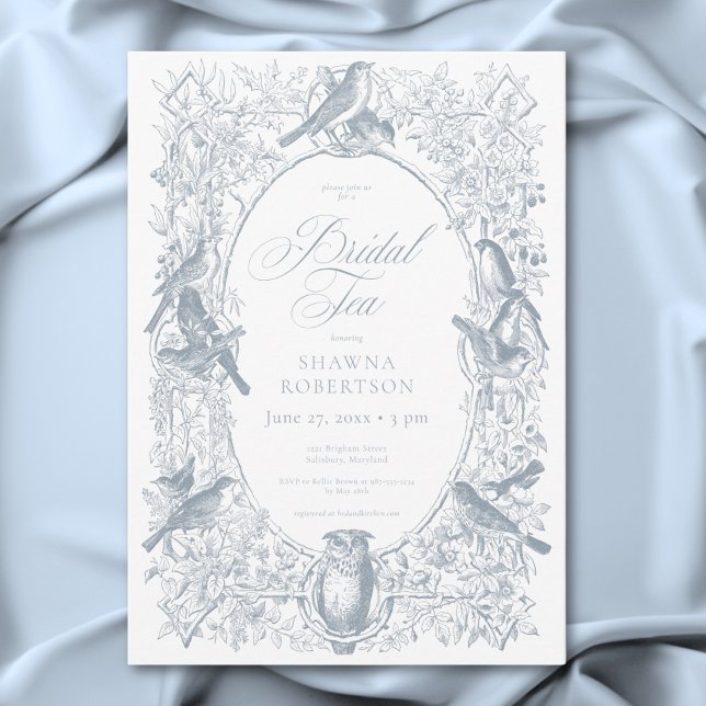 Convite Elegante Chá de Noiva com Pássaros da Natureza em  (Elegant Blue Chinoiserie Nature Birds Bridal Tea Invitation)