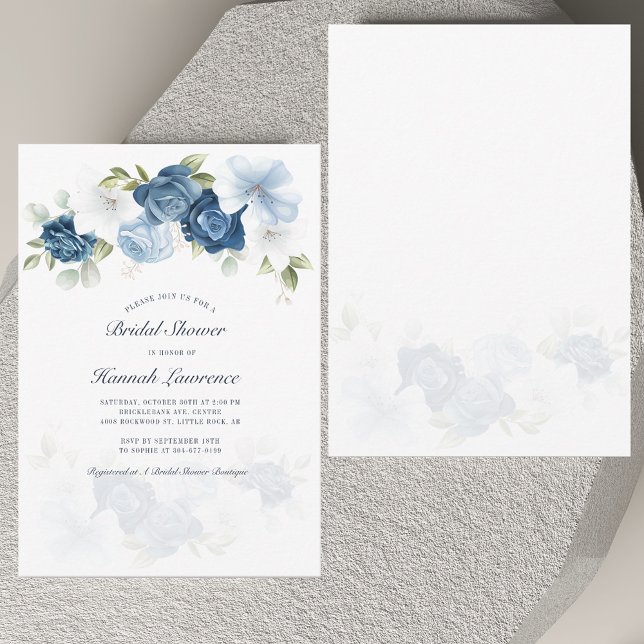 Convite Elegante Chá de panela Azul Derrante Floral (Elegant Floral Dusty Blue Bridal Shower Invitation)