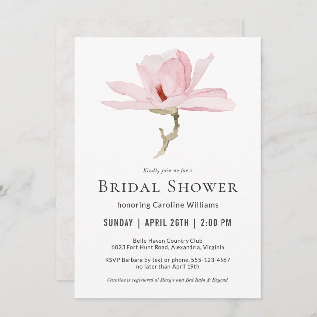 Convite Elegante Chá de panela de Flor Magnólia Rosa (Frente/Verso)