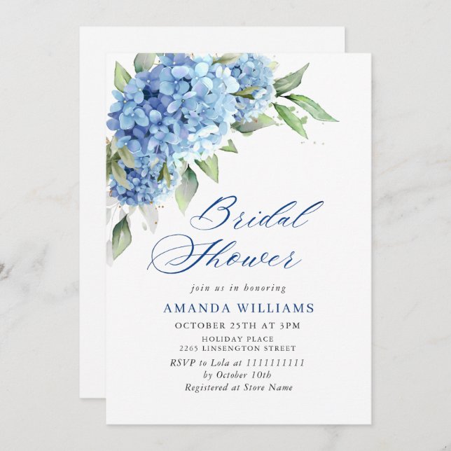 Convite Elegante CHÁ DE PANELA de Hydrangea Azul (Frente/Verso)