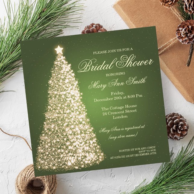Convite Elegante Chá de panela de Natal Dourado Verde (Elegant Christmas Bridal Shower Gold Green Invitation)