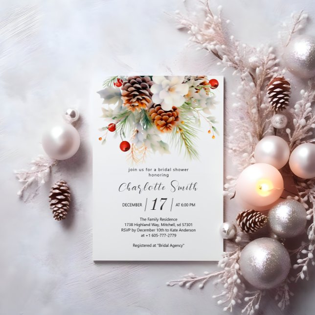 Convite Elegante Chá de panela Evergreen e Rowan de invern (Elegant Winter Evergreen & Rowan Bridal Shower Invitation)