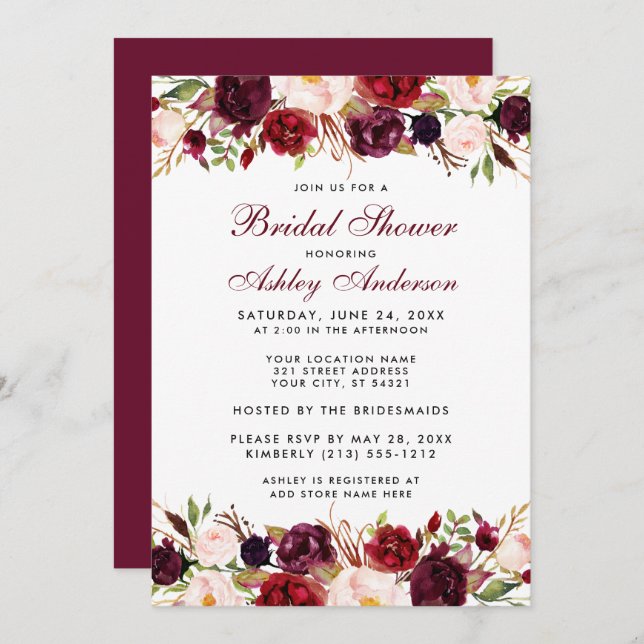 Convite Elegante Chá de panela Floral Burgundy (Frente/Verso)