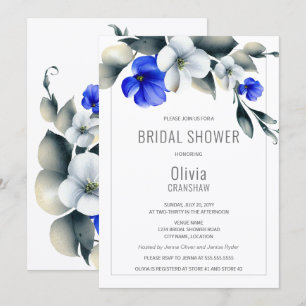 Convite Elegante Chá de panela Floral Real Azul e Branco