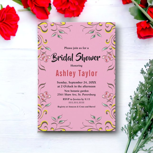 Convite Elegante Chá de panela Floral Rosa-Rosa Espelho Bo (Criador carregado)