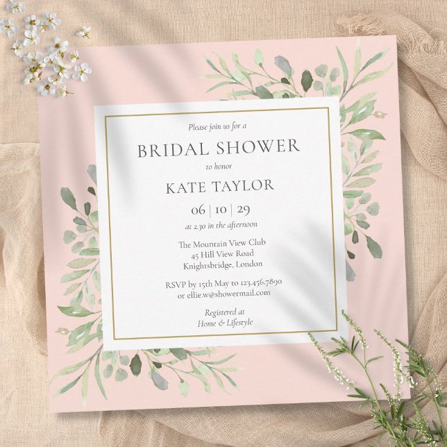 Convite Elegante Chá de panela verde-rosa (Elegant Blush Pink Greenery Bridal Shower Invitation)