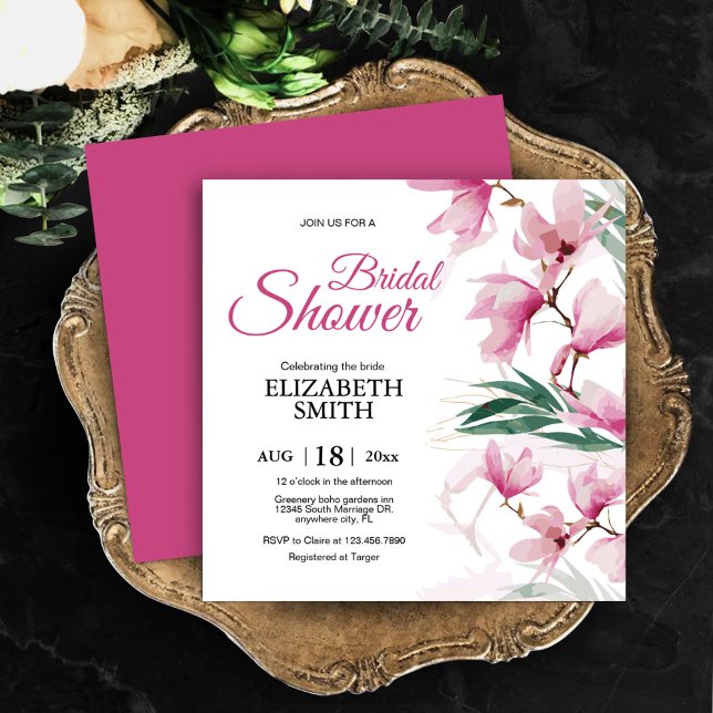 Convite Elegante Chá de panela Verde Rosa Floral Moderno (Elegant Modern Floral Pink Greenery Bridal Shower Invitation, Bridal and Brunch)