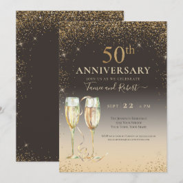 Convite Elegante Champanhe com Brilho Dourado 50º Aniversá