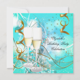 Convite Elegante Champanhe de Festa de Aniversário Azul Tu