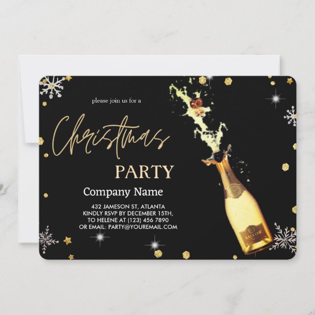 Convite Elegante Champanhe de Luxo de Natal Preto (Frente)