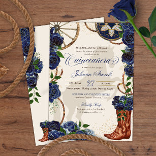 Convite Elegante Charro Blue Rosa Western Boots Quinceaner