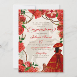 Convite Elegante Charro Rosa vermelha Mariachi Quinceañera
