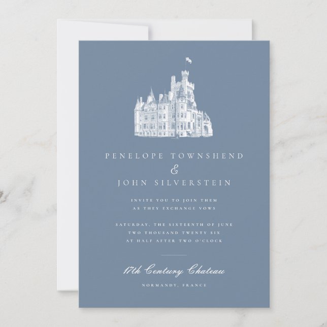Convite Elegante Château Ilustração Casamento Azul Francês (Frente)