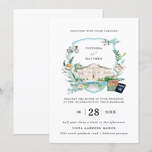 Convite Elegante Chateau Manor Viagem Casamento Crest