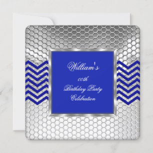 Convite Elegante Chevron Azul Prata Festa de Aniversário M