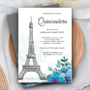 Convite Elegante Chic Azul Floral Torre Eiffel Quinceanera