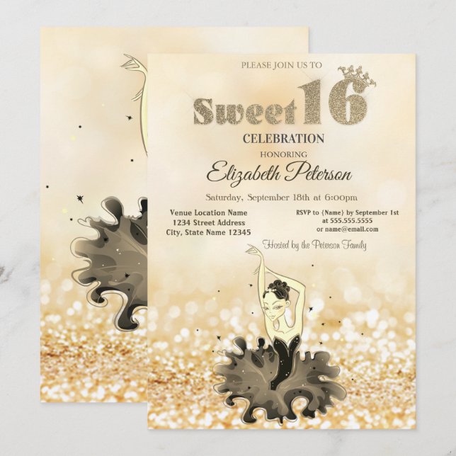 Convite Elegante Chic Ballerina Dourada Bokeh Sweet 16 (Frente/Verso)