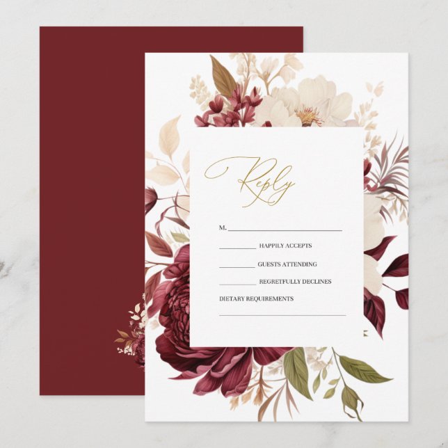 Convite Elegante Chic Borgonha Flores Brancas RSVP   (Frente/Verso)