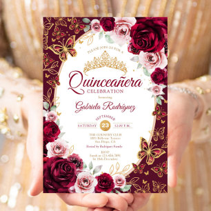 Convite Elegante Chic Burgundy Dourado Floral Quinceanera