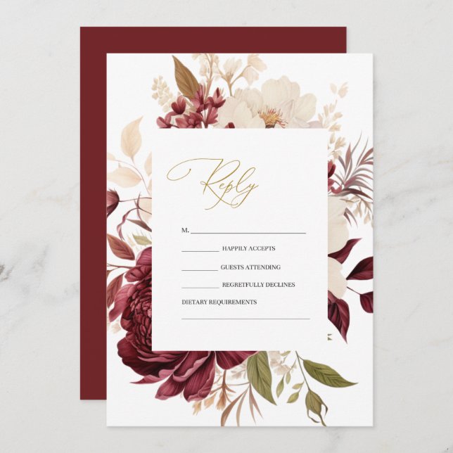 Convite Elegante Chic Burgundy White Flowers RSVP (Frente/Verso)