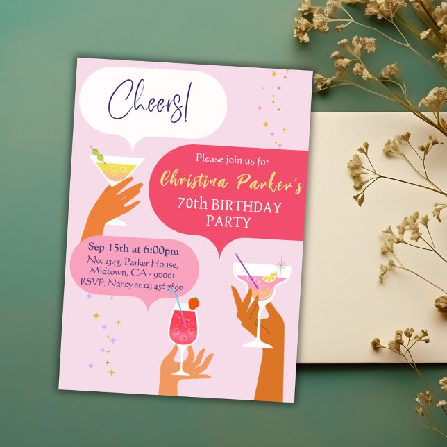 Convite Elegante Chic Cocktail bebe temático 70 aniversári (Criador carregado)