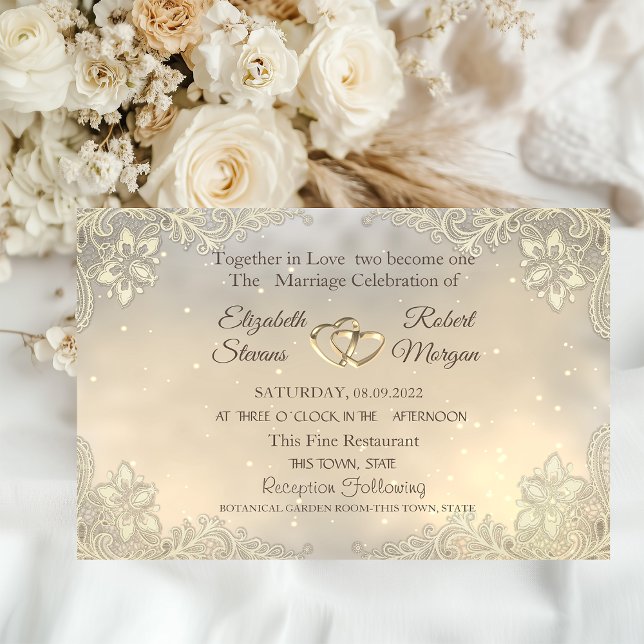Convite Elegante Chic Corações de Ouro com Renda Casamento (Criador carregado)