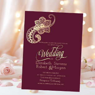 Convite Elegante Chic Dourado Paisley Casamento Burgundy 