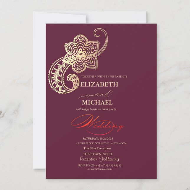 Convite Elegante Chic Dourado Paisley Script Casamento (Frente)