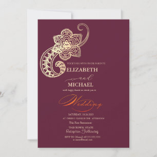 Convite Elegante Chic Dourado Paisley Script Casamento