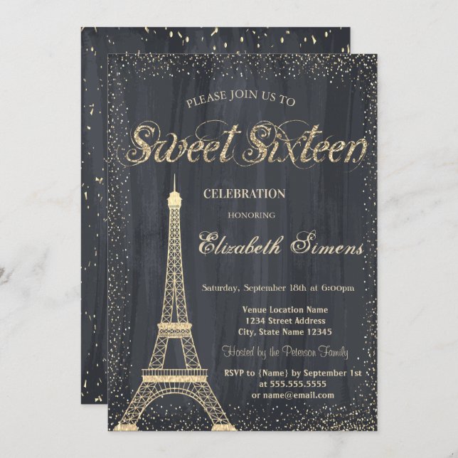 Convite Elegante Chic Dourado Torre Eiffel Confetti Sweet  (Frente/Verso)