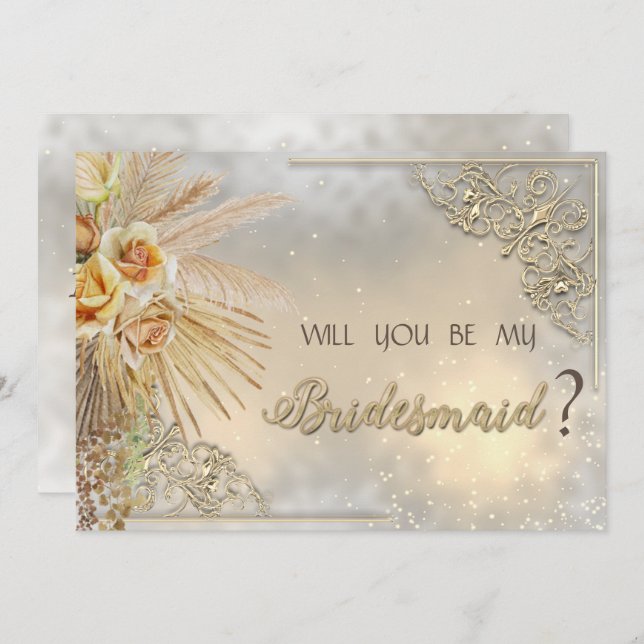 Convite Elegante Chic Dourados Boho Flowers (Frente/Verso)