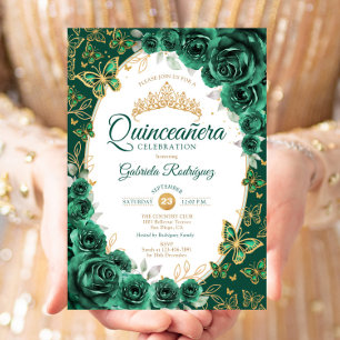 Convite Elegante Chic Esmeralda Verde Dourado Floral Quinc