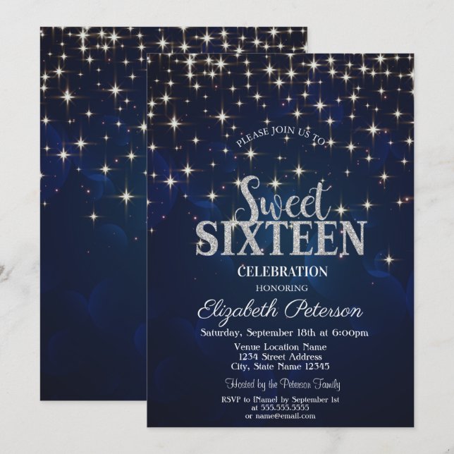 Convite Elegante Chic Estrelas Prateadas Azul Marinho Swee (Frente/Verso)