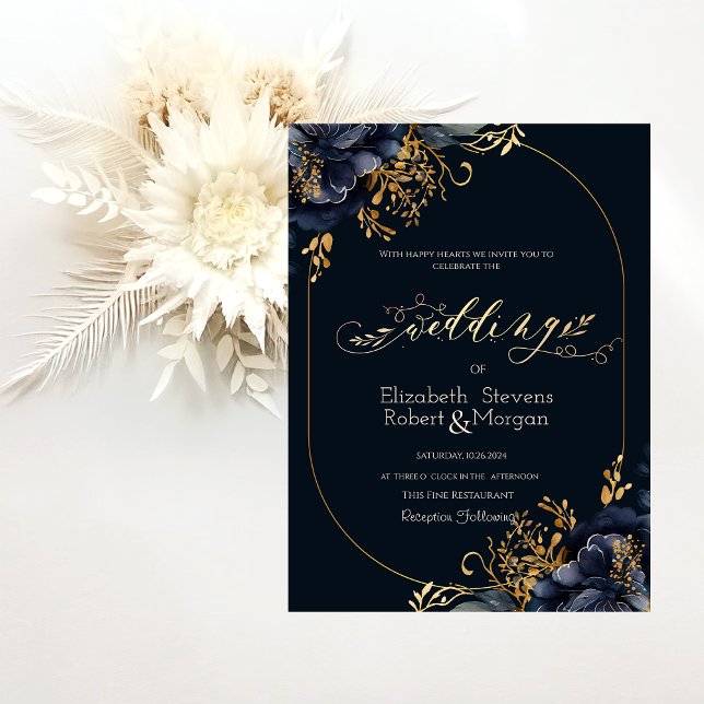 Convite Elegante Chic Flores Azuis Marinho Casamento (Criador carregado)