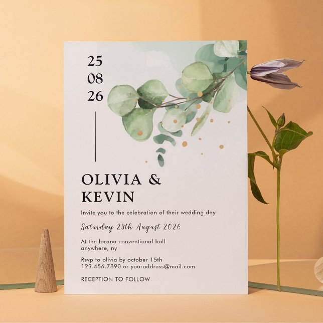 Convite Elegante Chic Green Eucalyptus com sotaques Dourad (Criador carregado)