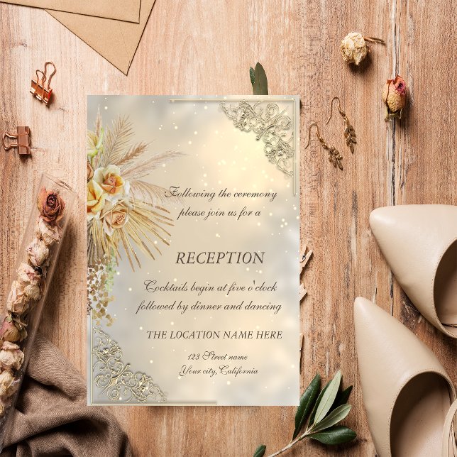 Convite Elegante Chic Ouro Boho Flores Recepção de Casamen (Criador carregado)