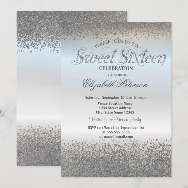 Convite Elegante Chic Prata Diamantes Confete Doce 16 (Frente/Verso)