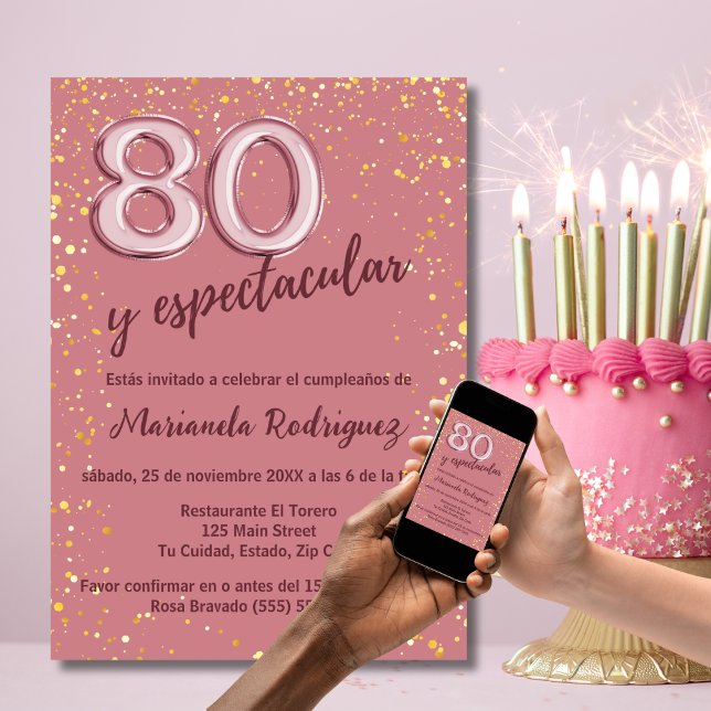 Convite Elegante Chic Rosa Dourado 80º Aniversário Espanho (Criador carregado)