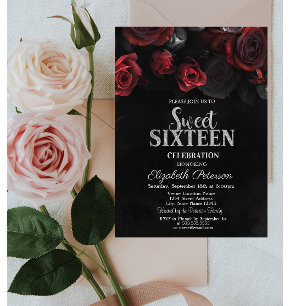 Convite Elegante Chic Rosas Vermelhas Preto Sweet 16