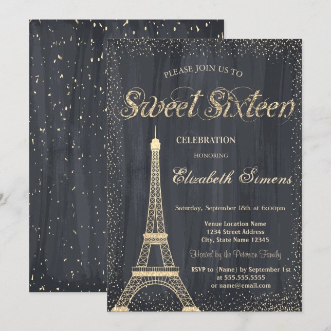Convite Elegante Chic Torre Eiffel Dourada Confetes  Doce  (Frente/Verso)