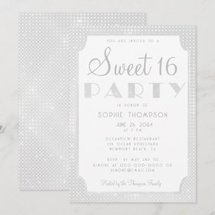 Convite Elegante Chic White Glitter Sequins Sweet 16 Party